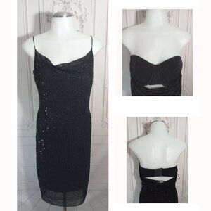 Laundry Black Beaded Sequin Classy Midi Dress Built In Underwire Bra Sz 12